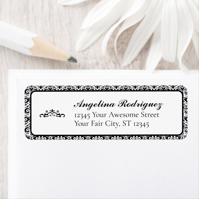Black Damask Pattern Graduation Return Address Label (Insitu)