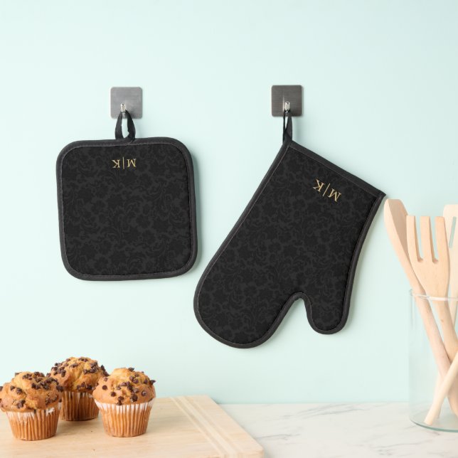 Black Damask Pattern Monogram Oven Mitt & Pot Holder Set (Insitu(Hanging))