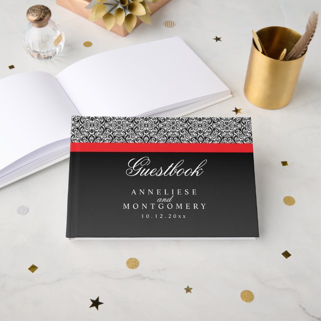 Black Damask Pattern on Black and Red Stripe Guest Book (Front Open)