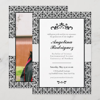 Black Damask Pattern Photo Graduation Invitation