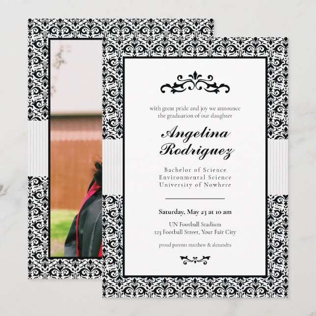 Black Damask Pattern Photo Graduation Invitation (Front/Back)
