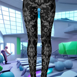 Black Damask Pattern Women's Workout Leggings