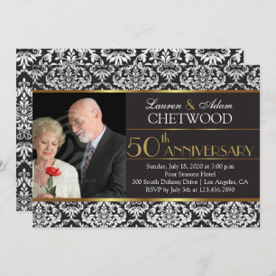 Black Damask Photo 50th Wedding Anniversary Invite