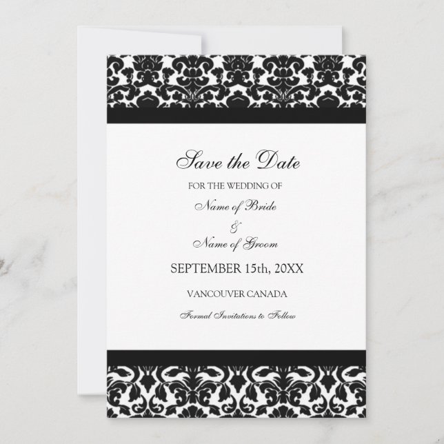 Black Damask Photo Wedding Save the Date Card (Front)
