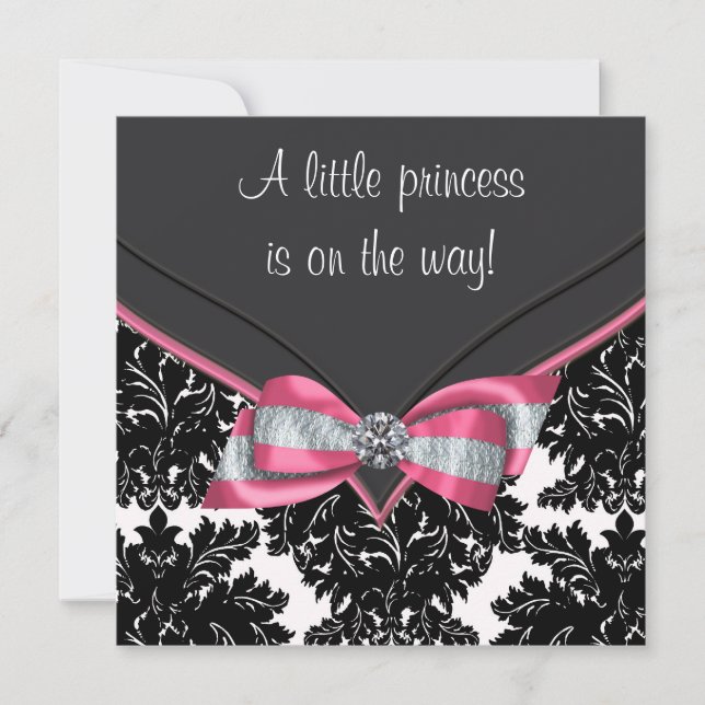 Black Damask Pink Bow Princess Baby Shower Invitation (Front)
