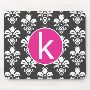 Black Damask Pink Circle Mousepad Initial "k"