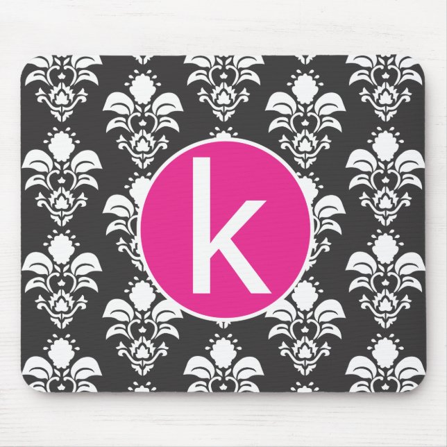 Black Damask Pink Circle Mousepad Initial "k" (Front)