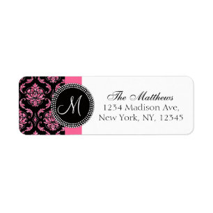 Black Damask Pink Glitter Printed Monogram Return Address Label