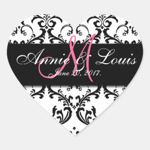 Black Damask Pink Initial Wedding Favour Heart Sticker