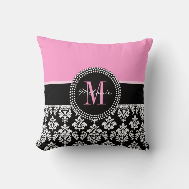 Black Damask Pink Monogram Personalised Pillow (Front)