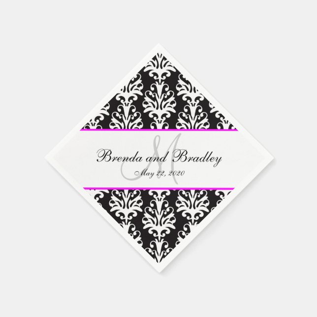 Black Damask Pink Monogram Wedding Paper Napkins (Corner)