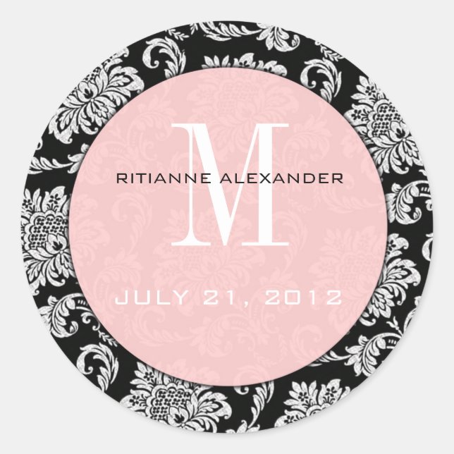 Black Damask Pink Monogram Wedding Sticker (Front)