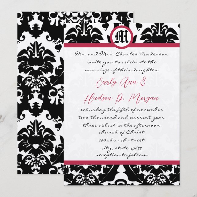 Black Damask Pink Trim Wedding Invitation (Front/Back)