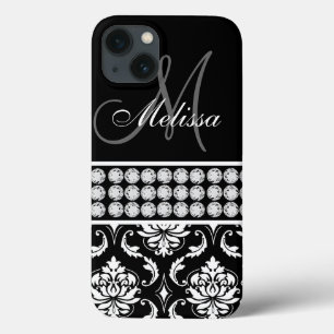 Black Damask Printed Diamonds Personalised iPhone 13 Case