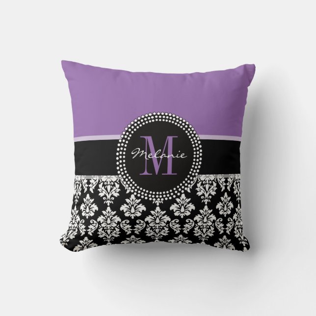 Black Damask Purple Monogram Personalised Pillow (Front)