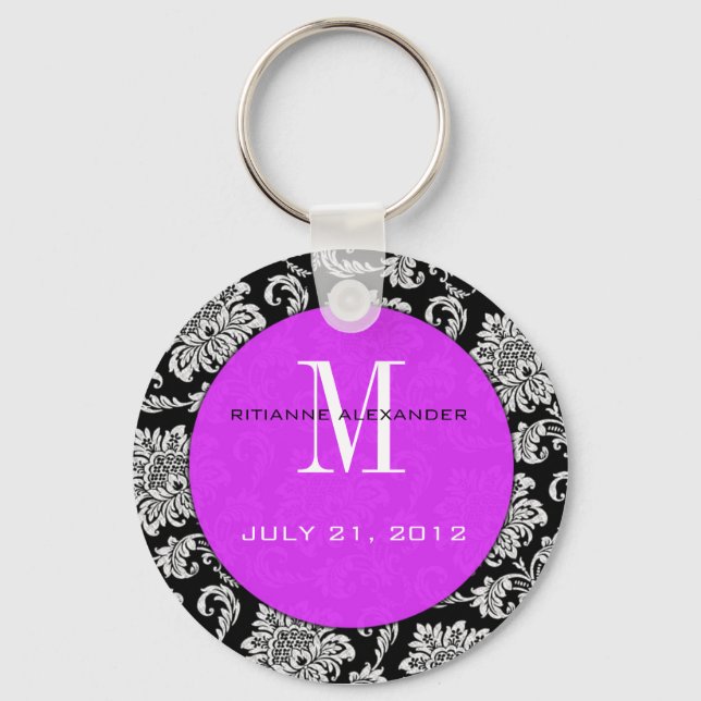 Black Damask Purple Monogram Wedding Keychain (Front)