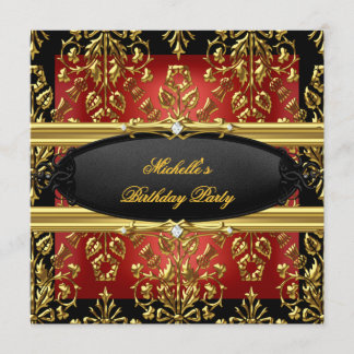 Black Damask Red Birthday Party Gold 2 Diamond Invitation