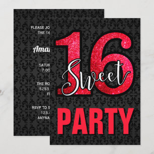 Black Damask Red Glitter Sweet 16 Birthday Party Invitation