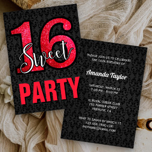 Black Damask Red Glitter Sweet 16 Birthday Party Invitation
