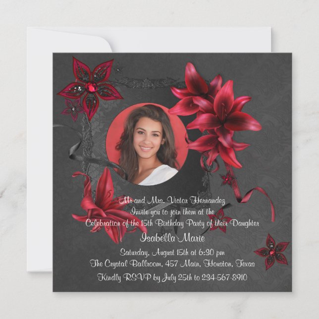 Black Damask Red Lilies Photo Quinceanera Invitation (Front)