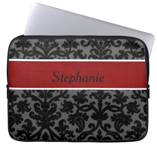 Black Damask Red Stripe Personalised Laptop Sleeve
