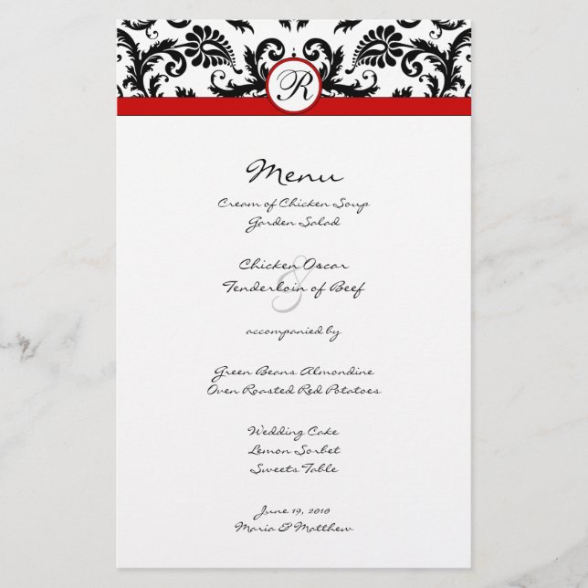 Black Damask Red Trim Wedding Menu (Front)