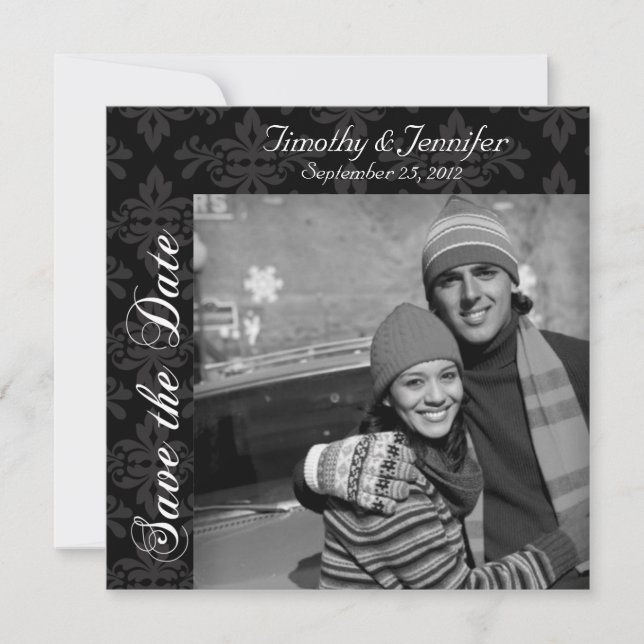 Black damask save the date wedding announcement (Front)
