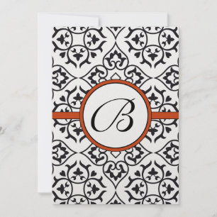 Black Damask Side Borders Orange Trim Wedding Invitation
