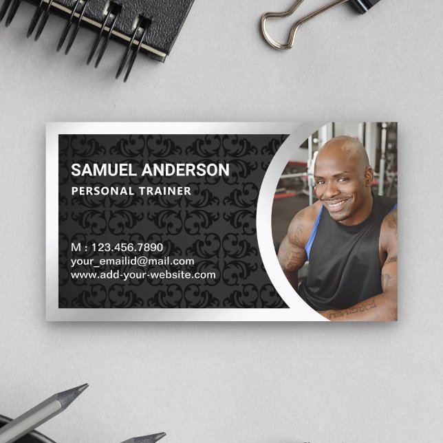 Black Damask Silver Fitness Personal Trainer Photo Business Card (Creator Uploaded)