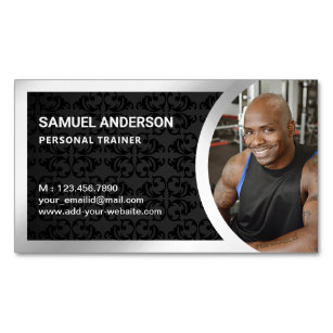 Black Damask Silver Fitness Personal Trainer Photo Magnetic Business Card
