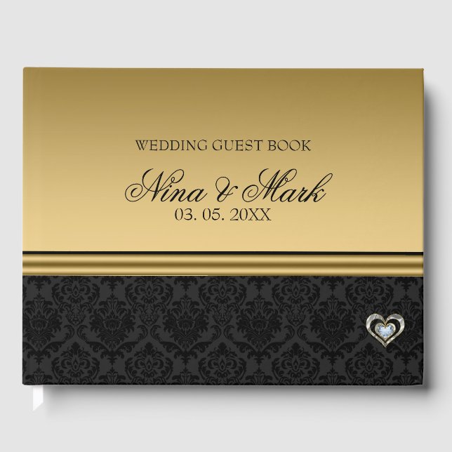 Black Damask Silver Gold Heart Guest Book (Front)