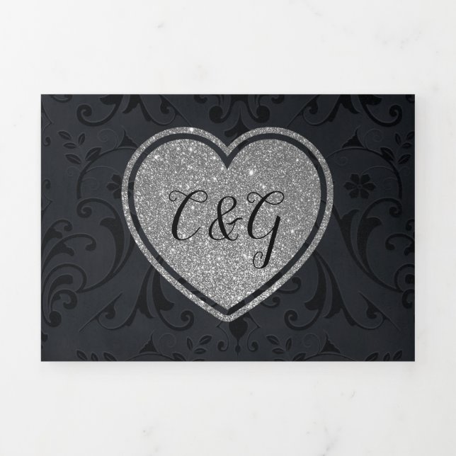 Black Damask Silver Heart All in One Wedding  Tri-Fold Invitation (Cover)