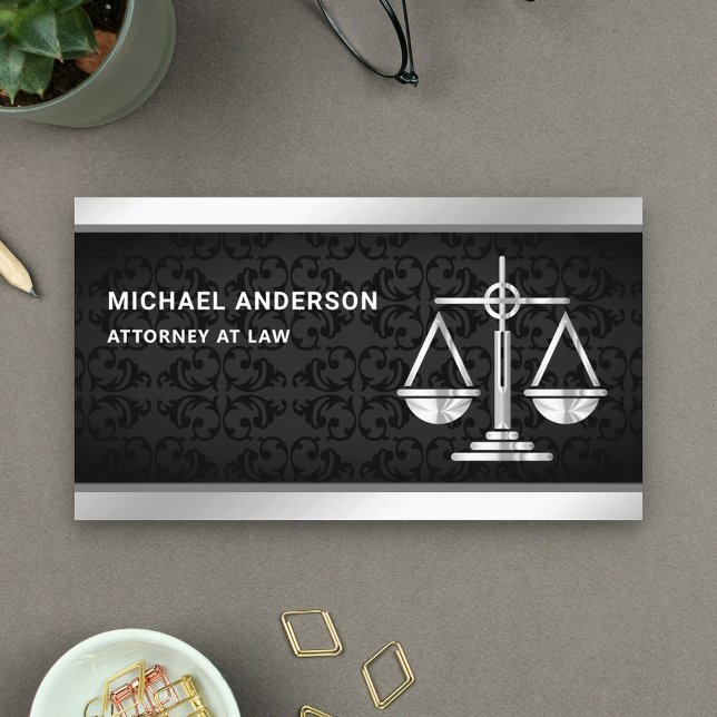 Black Damask Silver Justice Scale Lawyer Attorney Business Card (Creator Uploaded)