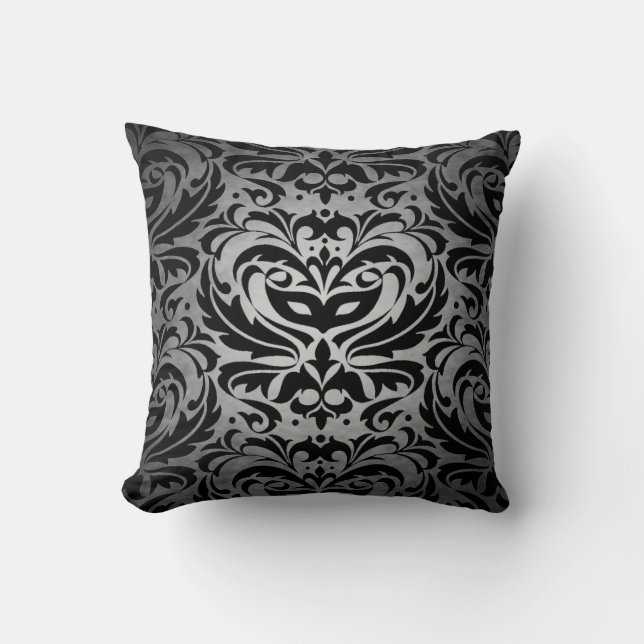 Black Damask Silver Scroll Reversible  Pillow (Front)