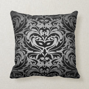 Black Damask Silver Scroll Reversible  Pillow