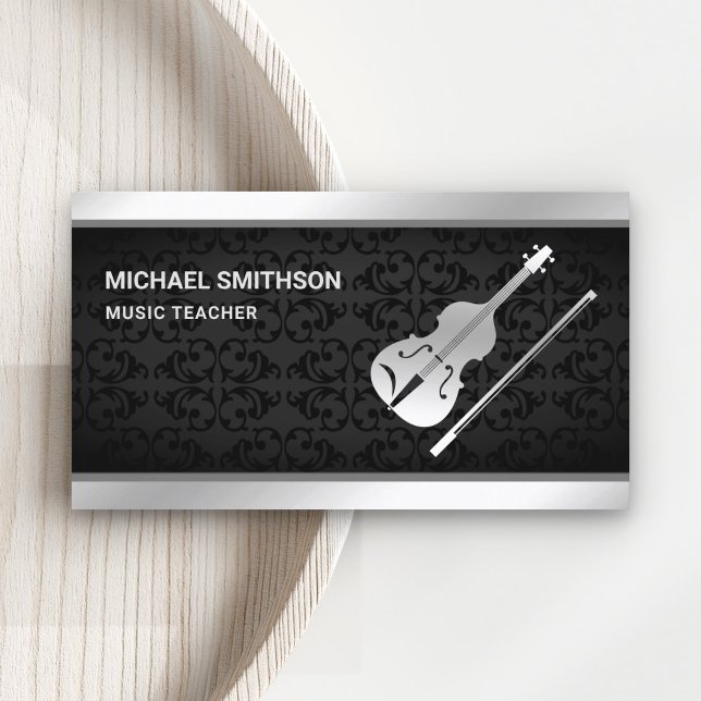Black Damask Silver Violin Music Teacher Violinist Business Card (Creator Uploaded)