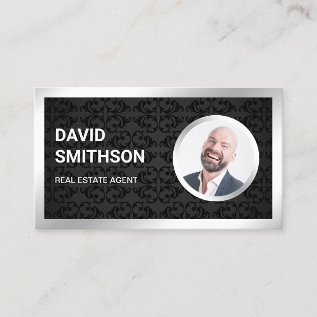 Black Damask Steel Silver Photo Real Estate Agent Business Card (Front)