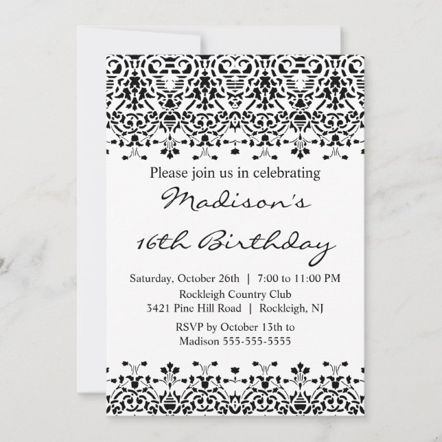 Black Damask Sweet Sixteen Birthday Invitation (Front)
