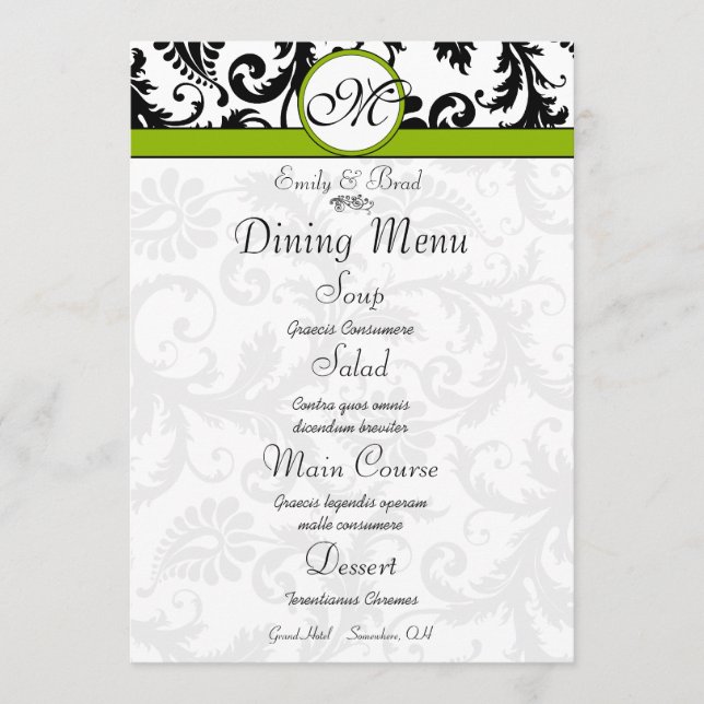 Black Damask Swirl Apple Green Wedding Menu (Front)