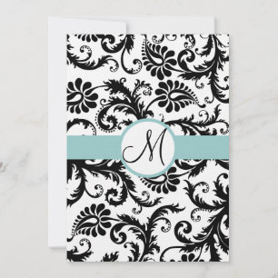 Black Damask Swirls Aqua Trim Wedding Invitation