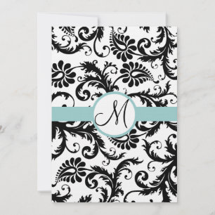 Black Damask Swirls  Aqua Trim Wedding Invitation