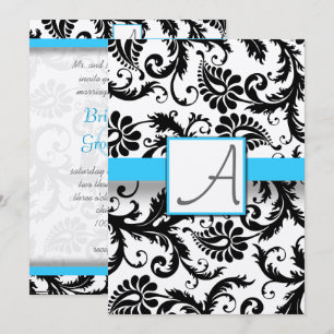 Black Damask Swirls Bright Aqua Trim No Dots Invitation