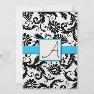 Black Damask Swirls Light Bright Aqua Trim Invitation