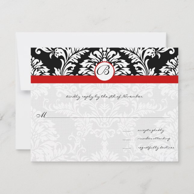 Black Damask Swirls Red Trim Wedding Invitation (Front)
