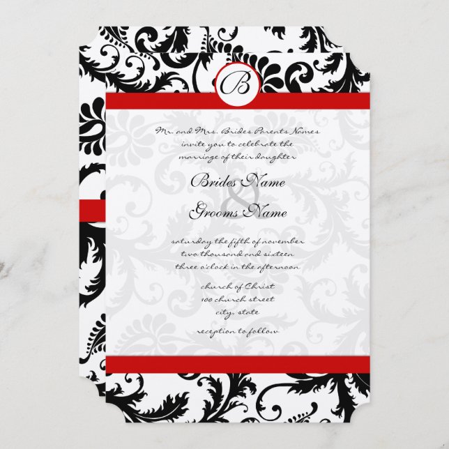 Black Damask Swirls Red Trim Wedding Invitation (Front/Back)