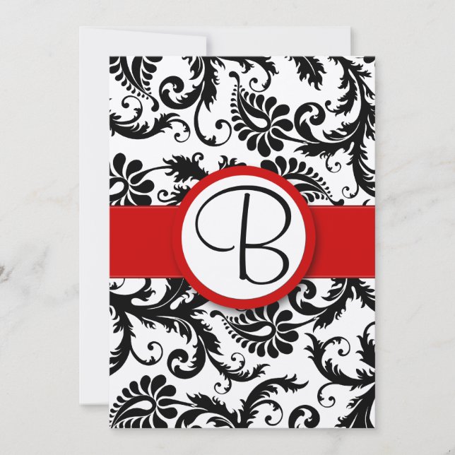 Black Damask Swirls Red Trim Wedding Invitations (Front)