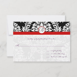 Black Damask Swirls Red Trim Wedding RSVP Card