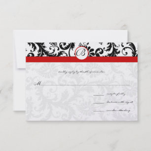 Black Damask Swirls Red Trim Wedding RSVP Card
