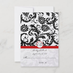 Black Damask Swirls Red Trim Wedding RSVP Card