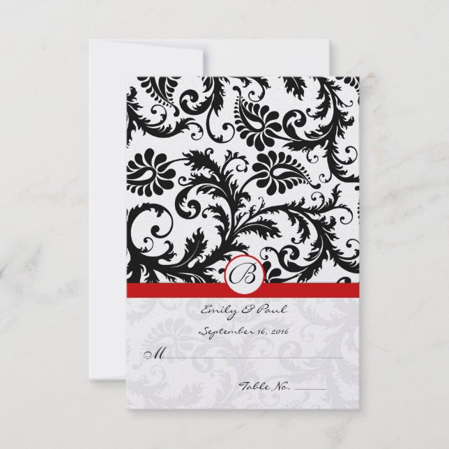 Black Damask Swirls Red Trim Wedding RSVP Card (Front)